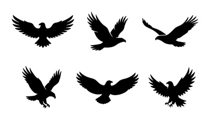Fototapeta premium Eagle silhouettes set with birds in flight, wings spread for logo and print