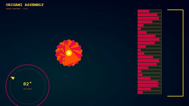 Modular assembly process displays a geometric flower structure unfolding in three distinct stages with rotating angle indicators and vertical progress bars set on dark blue screen