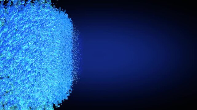 Glowing blue particle sphere dissolving into dark navy gradient backdrop, abstract 3D bubble cluster animation with empty copy space on right for text overlay