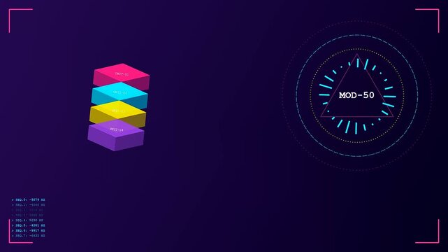 Modular assembly process shown through animated geometric stacked blocks with circular data interfaces and neon lighting effects moving across three distinct screens in dark digital space
