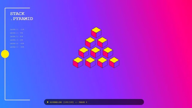 Modular assembly process of floating isometric cubes forming a pyramid shape displayed on a vibrant purple and blue gradient interface for digital data visualization projects