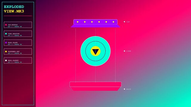 A modular assembly animation displaying a floating mechanical component structure with glowing neon interface panels and changing circular center core icons on a gradient digital screen