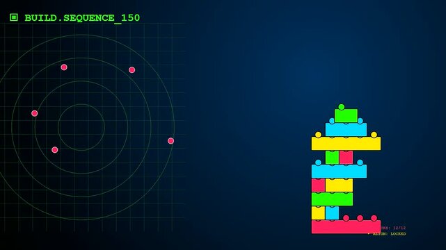 A digital modular assembly process features stacking colorful plastic blocks on a virtual screen display while radar scanning elements rotate within glowing grid lined dark interfaces