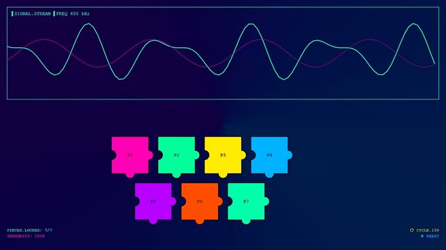 A digital modular assembly process featuring colorful interlocking puzzle pieces moving across a dark screen with glowing fluctuating sine waves representing complex data stream analysis performance