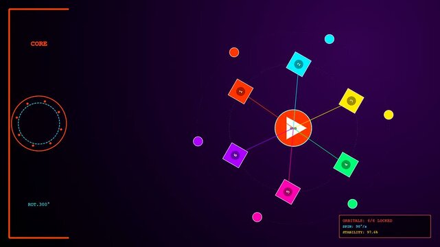 A modular assembly circular interface displays orbital data movement across three shifting digital panels featuring vibrant geometric shapes and rotating center core navigation system elements