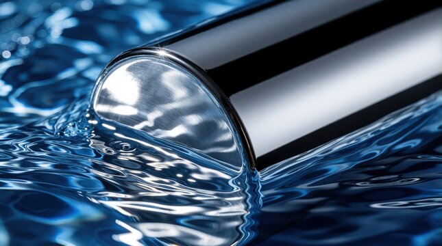 Macro shot of shiny chrome cylinder partially submerged in blue rippling water. Polished silver metal tube creates reflections on liquid surface. Industrial electroplating process high tech material