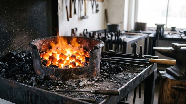 Glowing coals in forge with bright orange fire and workshop tools surrounding. Forge shows craftsmanship in blacksmithing with glowing coals and sparks flying,
