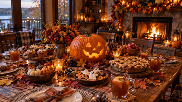 Cozy Halloween table with jack o lantern and autumn treats