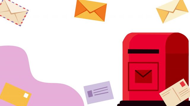 Colorful World Post Day motion graphic featuring a red mailbox, flying envelopes, letters, and postal elements