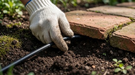 Obraz premium Worker wearing white glove installs electrical cable under stone path. Hand places low voltage wire into soil near garden pavers. Pro technician performs landscape lighting maintenance underground
