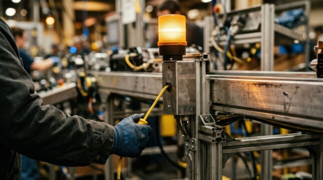 Factory worker pulling an andon cord switch on an assembly line beneath a glowing amber stack light