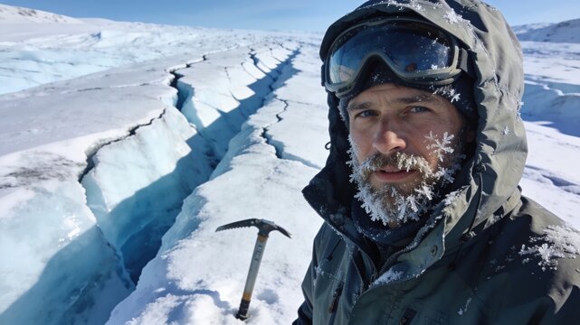 Arctic Explorer with Frosted Beard, Goggles, and Ice Axe on a Vast Glacier with Deep Crevasses