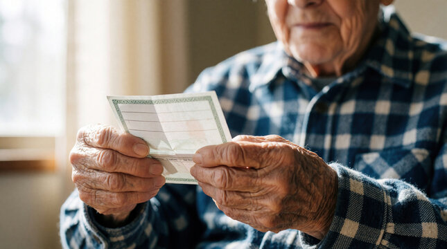 Elderly man holds social security check in wrinkled hands. Senior citizen receives monthly pension payment for retirement income. Retired person reviews financial support, government welfare benefit