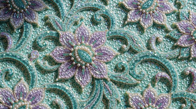Close up of ornate floral pattern decorated with shiny sequins, beads on turquoise fabric. Elegant embroidery with purple flowers, green leaves creates luxury textile design. Sparkly embellishment