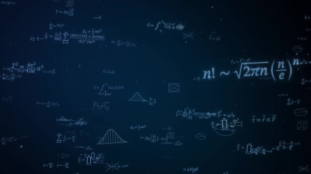 Floating mathematical equations and graphs drift across a dark blue science background
