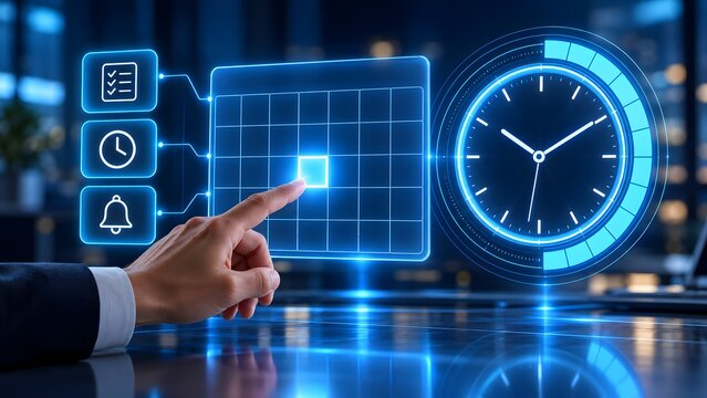 Finger interacting with a futuristic glowing digital calendar touchscreen next to a modern clock and notification alerts depicting advanced deadline and task management systems