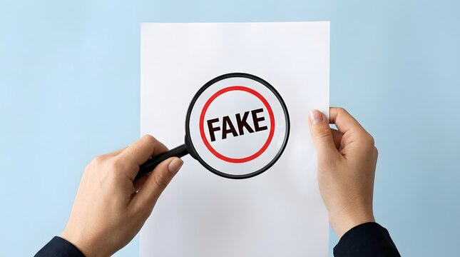 Person holding magnifying glass over a document with a red fake stamp, concept of detecting fraud, forgery, scam, and verifying authenticity of information on white paper over blue background