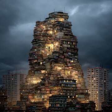 Towering Stack of Dwellings - A Unique Architectural Marvel Under a Cloudy Sky.
