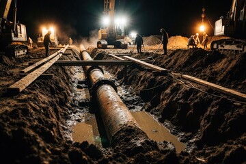 Fototapeta premium Workers install large metal pipeline in deep trench at night construction site. Heavy machinery, floodlights illuminate excavation area with dirt, water. Men manage groundwork for city infrastructure