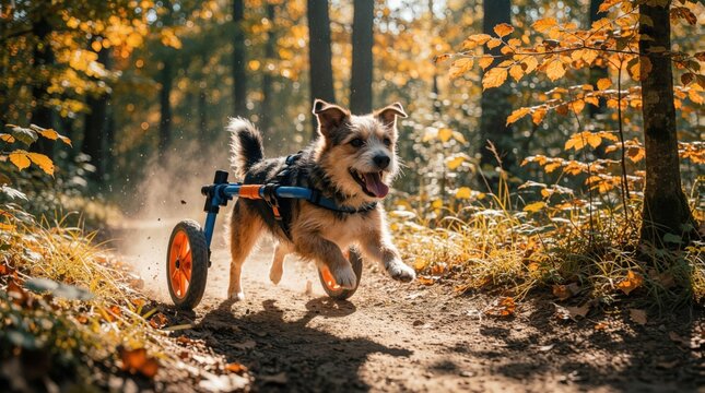 Disabled dog uses mobility wheelchair to run on forest trail. Happy mixed breed pet with handicap moves fast through autumn woods. Active rescue animal enjoys outdoor exercise, rehabilitation therapy