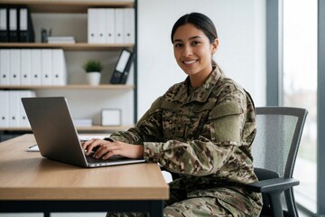 Naklejka na ściany i meble Smiling young Hispanic female soldier sits at office desk using laptop computer. Confident woman in army camouflage uniform works indoors at workplace. Uses modern tech for military service online