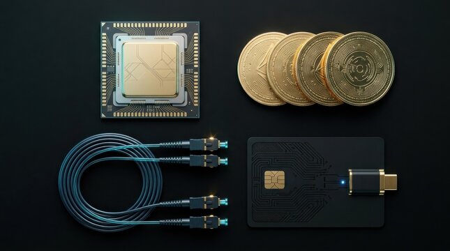 Digital finance security concept with quantum processor chip, gold cryptocurrency tokens, fiber-optic cables and encryption key card on black surface.