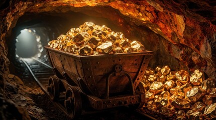 Fototapeta premium Wooden cart full of shiny gold nuggets in dark mine tunnel. Heavy ore piled in mining trolley on railway tracks. Glowing precious metal treasure found deep underground during mineral excavation.