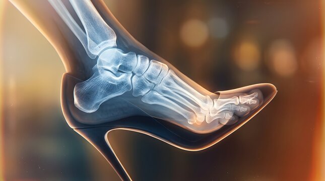 Conceptual X-ray of a Foot in a High Heel Stiletto Shoe Showing Bone Anatomy and Orthopedic Impact