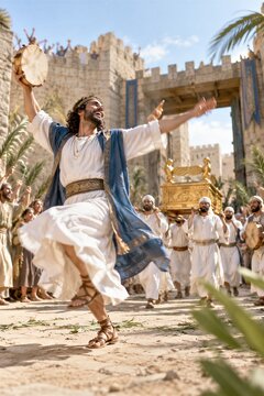 King David Ecstatically Dancing Before the Ark of the Covenant Entering Ancient Jerusalem in a Joyful Biblical Procession