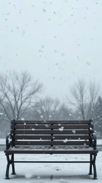 Vertical video of snow falling around an empty park bench in winter