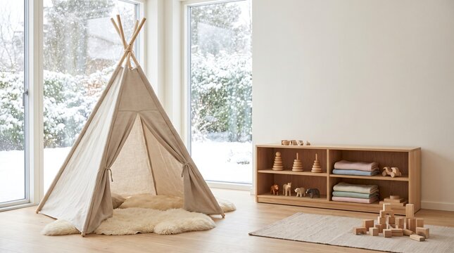 Minimalist Scandinavian kids playroom with canvas teepee tent and wooden toys near window with snowy winter landscape view