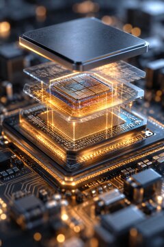 Layered microchip processor circuit board components glow with internal luminescence. Futuristic schematic visualizes data architecture and intricate electronic hardware.
