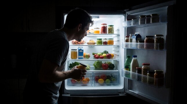 Hungry young man searches for food in open refrigerator at night. Person looks inside fridge for midnight snack in dark kitchen. Male client picks up jar browsing fresh groceries, drinks in home