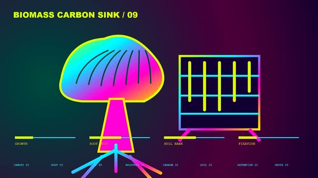 A digital carbon capture interface showing animated trees and bar graphs shifting as data values update in a minimalist neon aesthetic frame for scientific monitoring systems