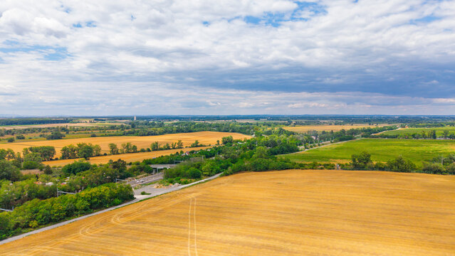 Aerial view of harvested agricultural fields and green trees. Golden farmland and green vegetation stretch toward the horizon under cloudy sky.