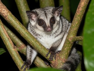 Obraz premium Close up of Cacomistle mammal with large dark eyes sitting on tree branch in Costa Rica jungle. Small nocturnal creature with grey fur, long tail rests in tropical rainforest. Wild Bassariscus