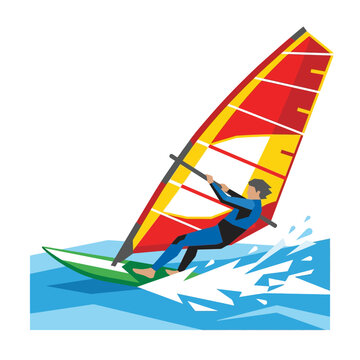 Windsurfer on Green Board Riding Waves, Colorful Sail, Active Lifestyle