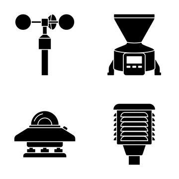 Weather Station Icons: Anemometer, Rain Gauge, Pyranometer, Stevenson Screen