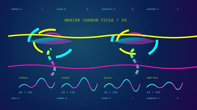 dynamic visualization of the carbon capture cycle featuring animated digital wave patterns and fluctuating data metrics depicted on a dark blue glowing interface display screen