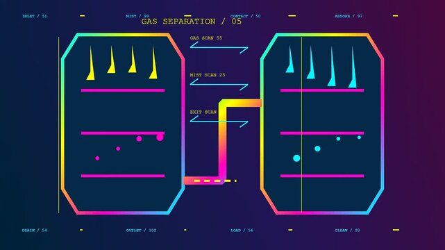 Industrial carbon capture digital interface displaying real time gas separation data cycles with yellow and blue particulate icons moving between two container chambers in a screen