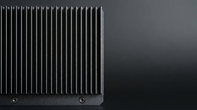 Industrial background showing a metallic aluminum heat sink with vertical fins on a dark surface.