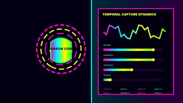 Digital displays showing carbon capture analytics with glowing neon wave forms pulse trackers and variable bar graphs moving across a deep black computer interface portal screen