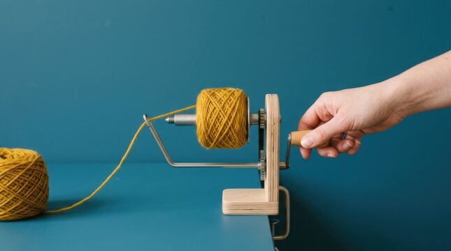 Hand operating a yarn winder with yellow wool on a blue background.