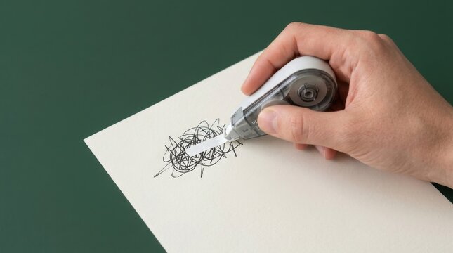 Close-up of a hand using a correction tape dispenser to cover a mistake on paper.