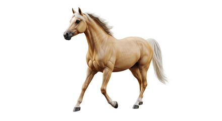 Elegant palomino horse galloping gracefully with flowing mane and tail, isolated on white background © Graphics River