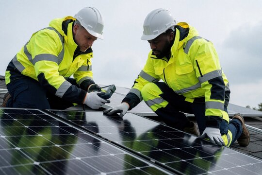 Two pro solar engineers in high vis jackets, hard hats install photovoltaic panels on rooftop. Male technicians work together using digital tester tool to check electricity system. Team of experts