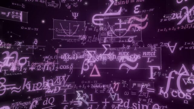 Mathematical equations and physics formulas drift through a glowing purple starfield
