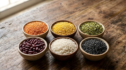 Fototapeta premium Diverse Assortment of Colorful Dried Grains and Legumes in Wooden Bowls