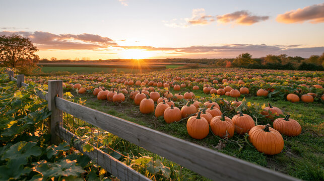 Rows of orange pumpkins extend across a field at sunset