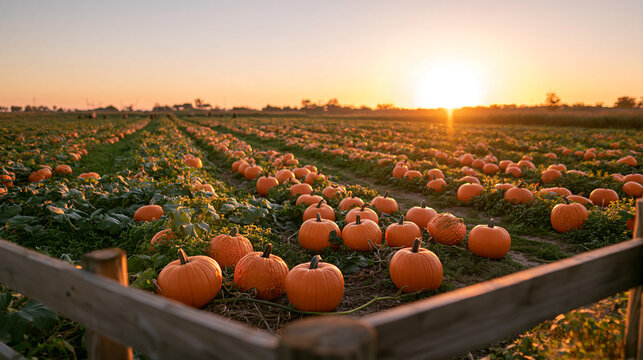 Harvest pumpkins dot a wide rural field under a glowing sky
